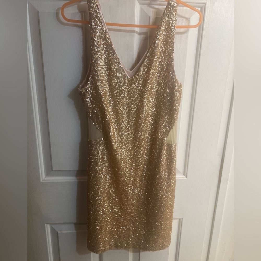 Gold Sequin Tank Mini Dress w/ Mesh Contour Panels Women’s Size L by Marinblu